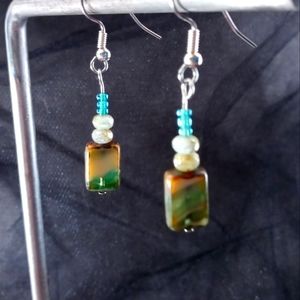 Turquoise and cream Czech glass bead earrings